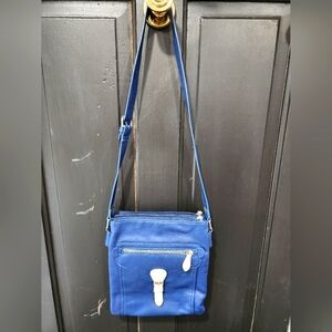 Blue and White Manmade Leather Crossbody Bag